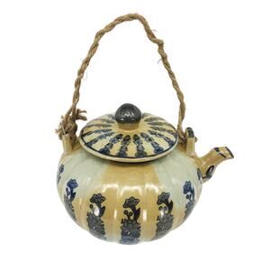 Vintage Large Pottery Teapot with Coir Rope Handle Tea Pot